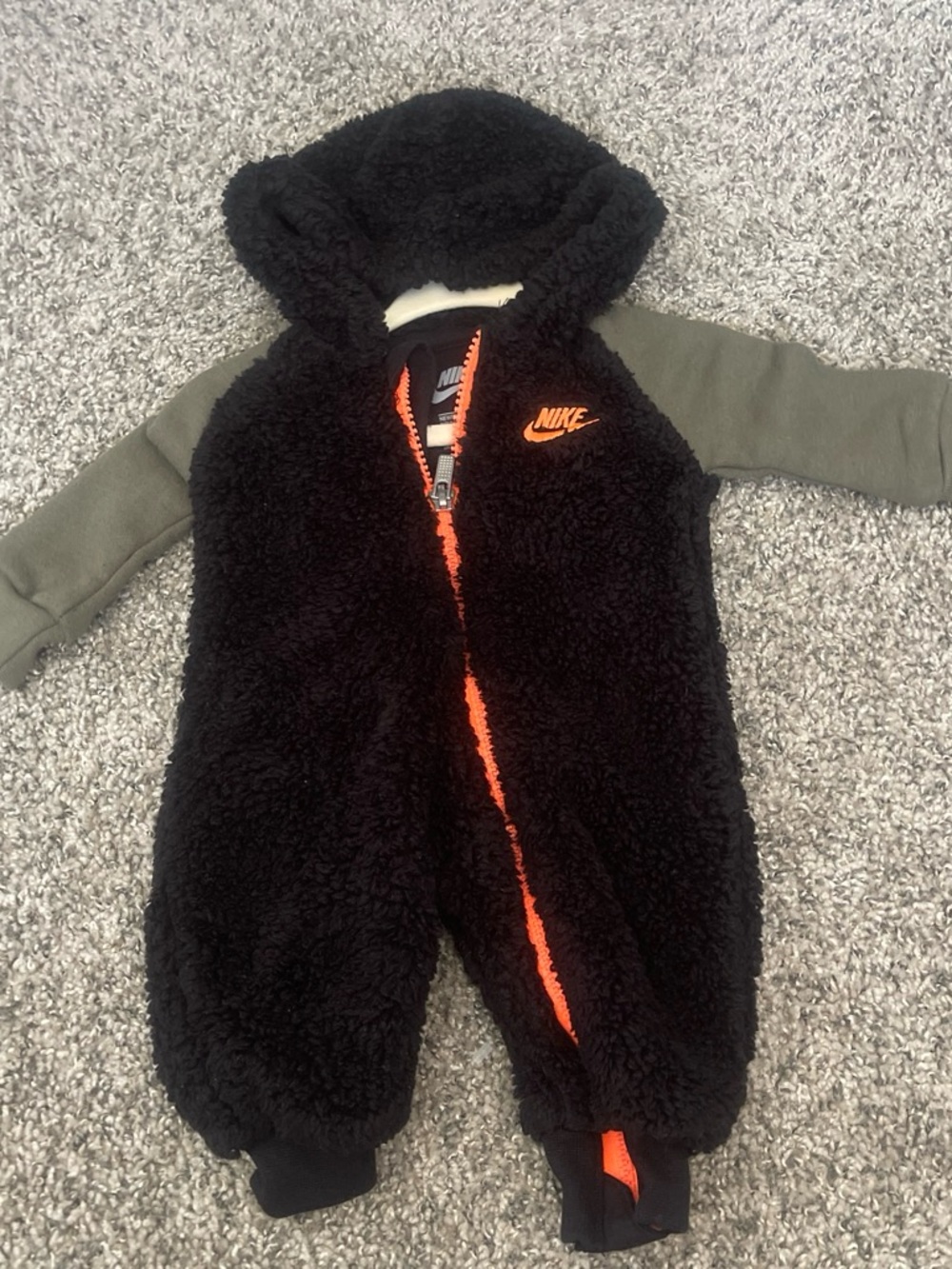 Nike Black Sherpa Hooded Baby One-Piece with Orange Trim